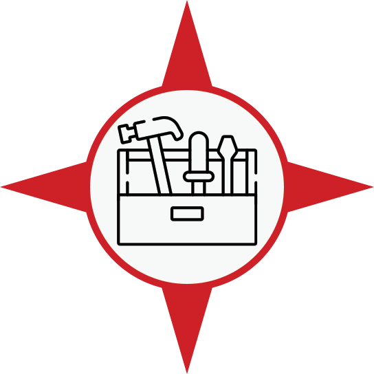 Le contour noir d'une boîte à outils contenant un marteau et des tournevis, centré à l'intérieur d'une étoile rouge à quatre branches.