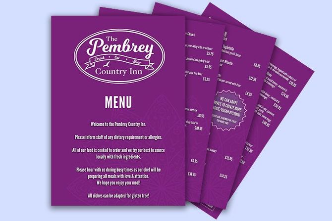 Menus created for The Pembrey Inn.