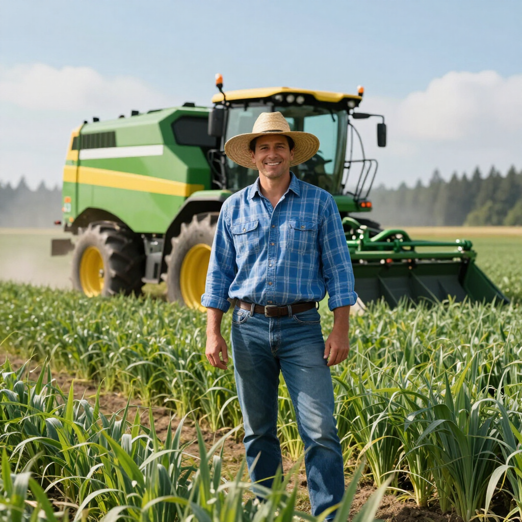 Farmer in straw hat standing in green crop field with a large green and yellow harvester behind him