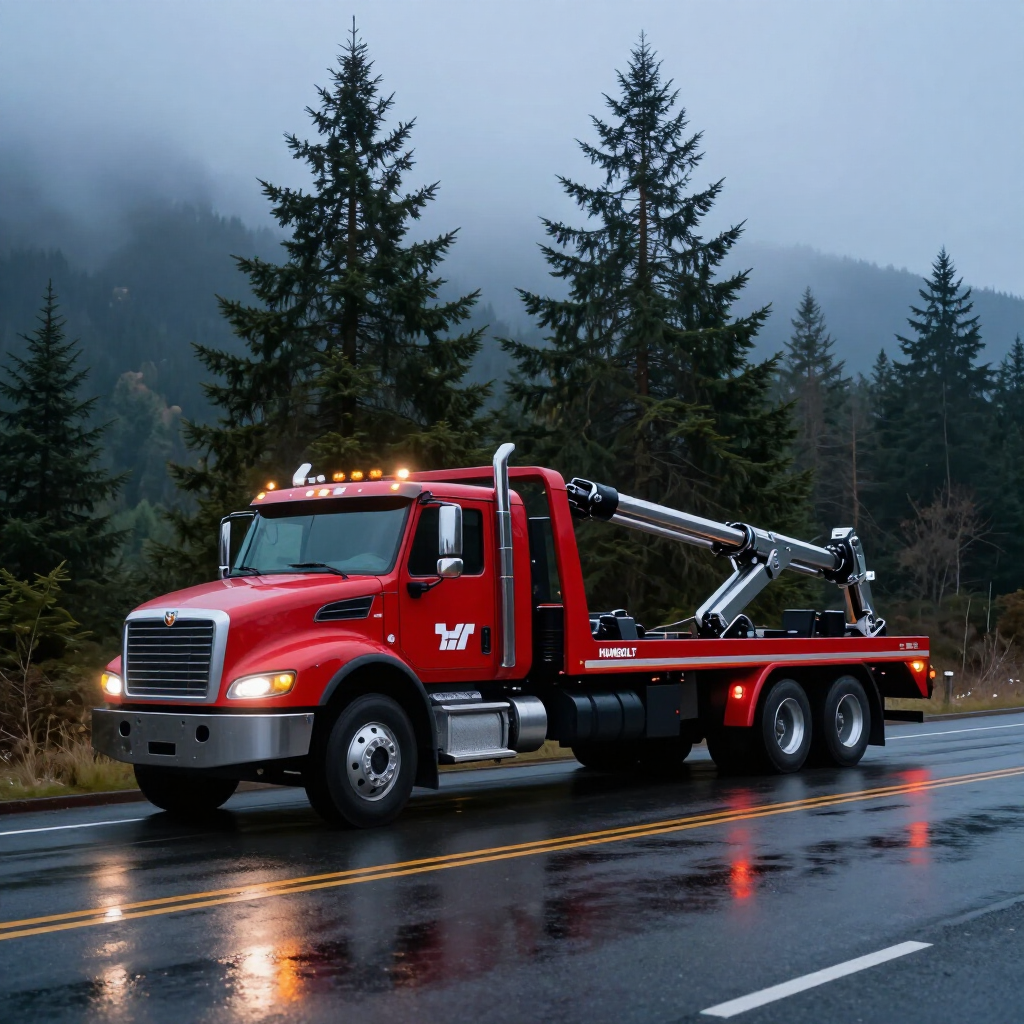 Red tow truck on a wet mountain road with pine trees and mist in the background
