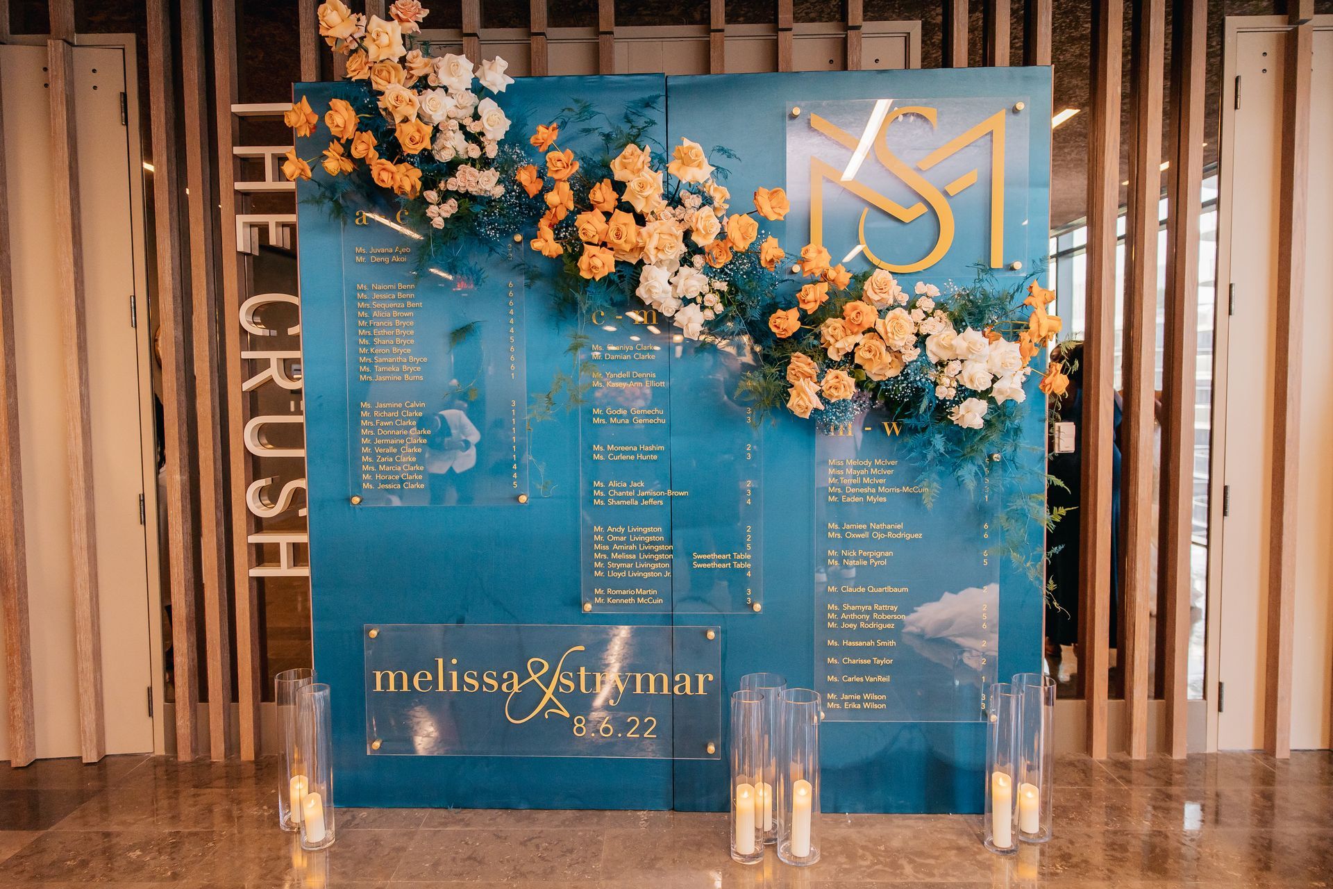 a blue wall with flowers and candles on it