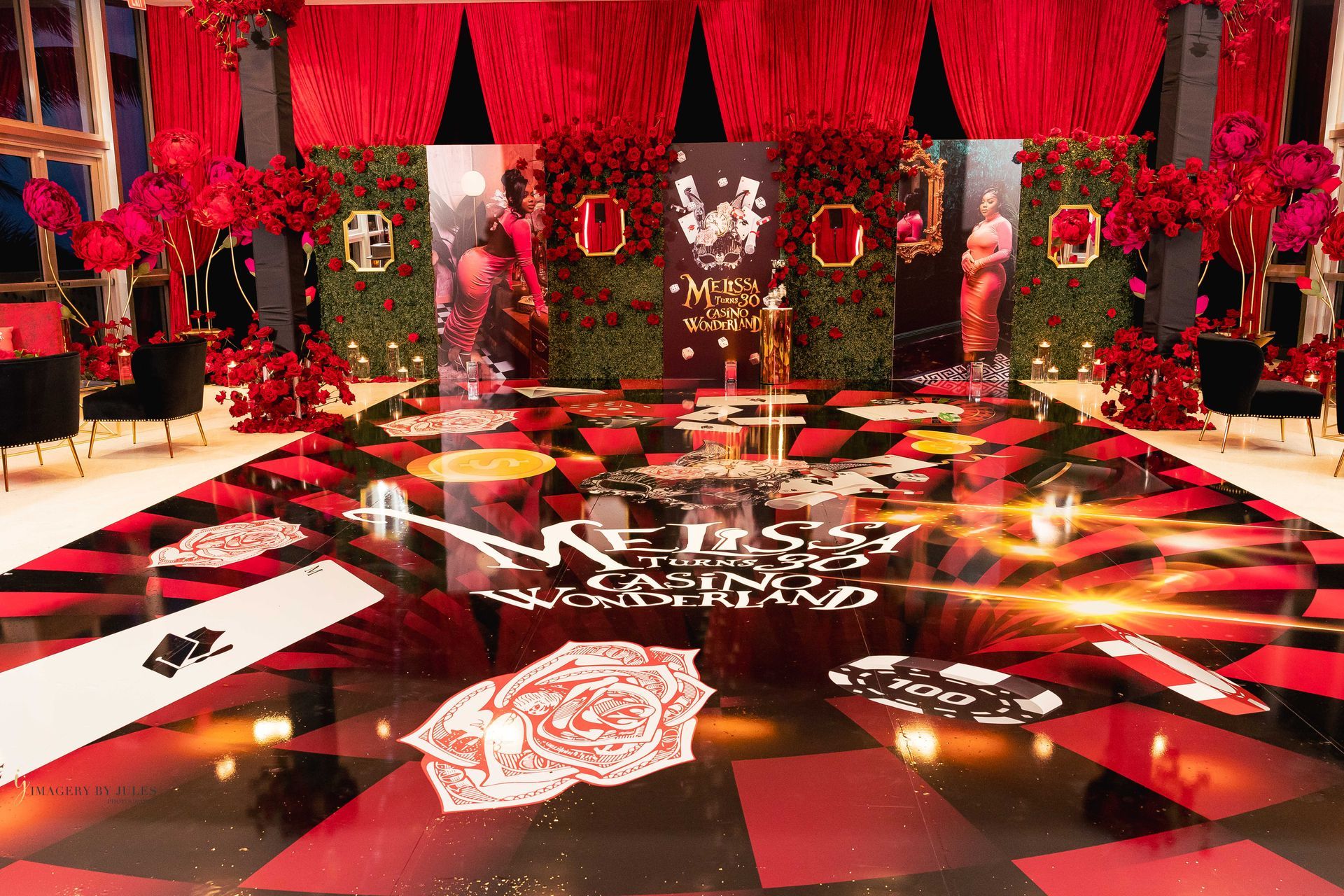 there is a large dance floor in the middle of the room .
