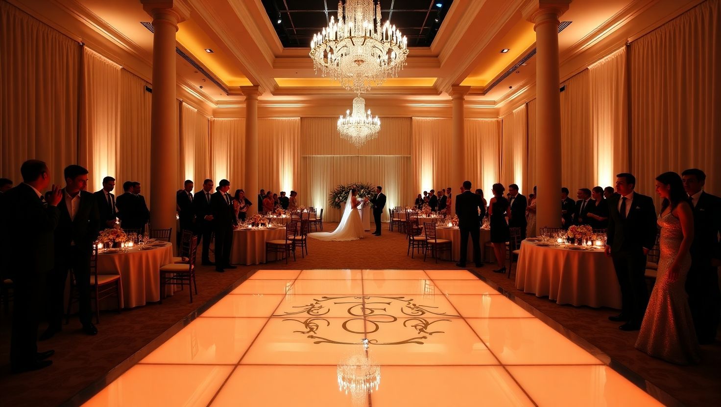 Miami wedding with custom dance floor, elegant stage, dramatic lighting & chandeliers
