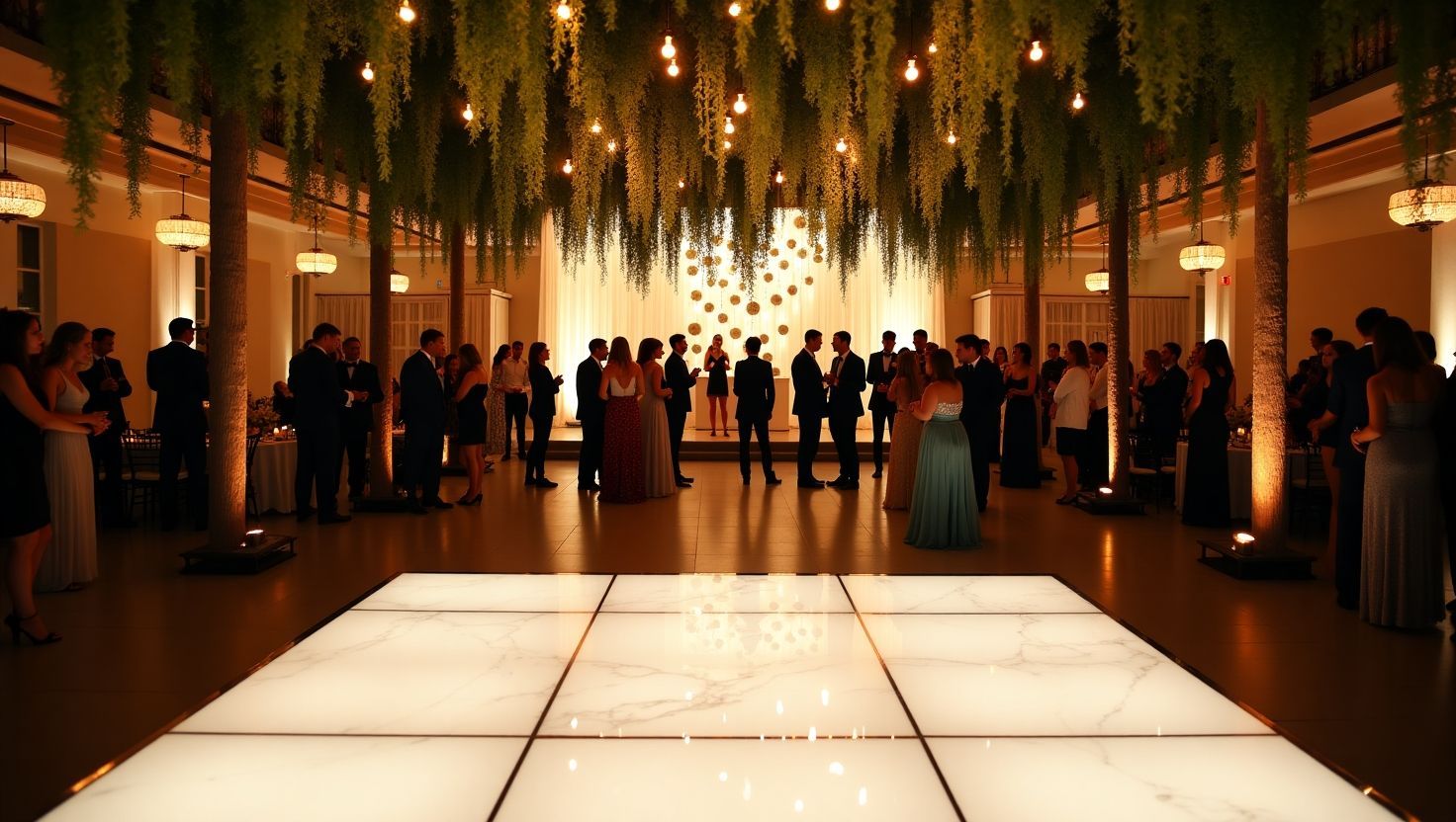 Elegant indoor party venue with guests in formal attire and dramatic lighting
