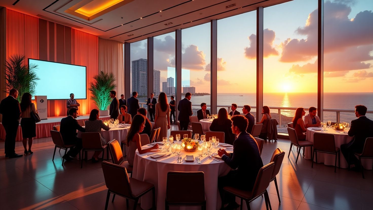 A beautifully lit Miami event venue set for a corporate gala, featuring candlelit tables and a profe