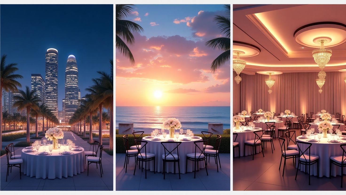 Elegant Miami event venues showcasing beachfront, downtown, and ballroom setups.