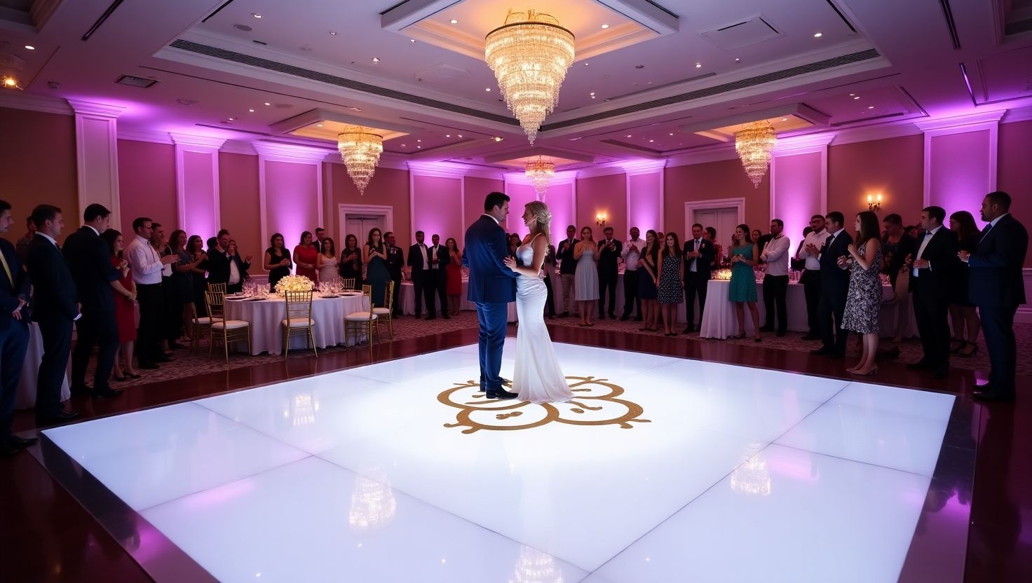 First dance on custom-lit floor at luxury Miami wedding by MPE Event Group.