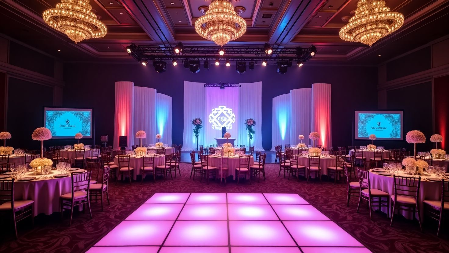 Luxurious indoor event venue with elegant lighting, round banquet tables for a proessional event.