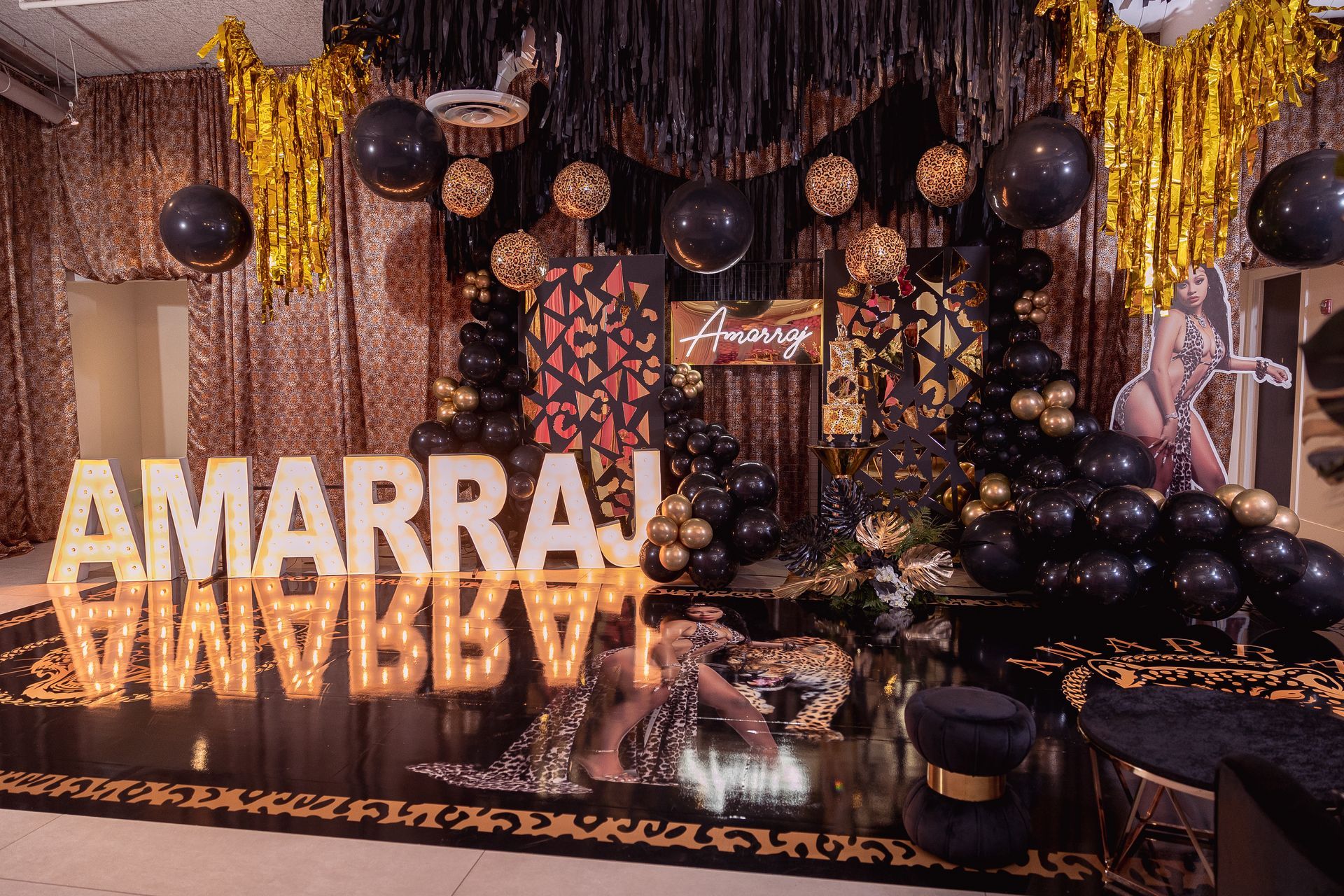 a room decorated in black and gold for a birthday party .