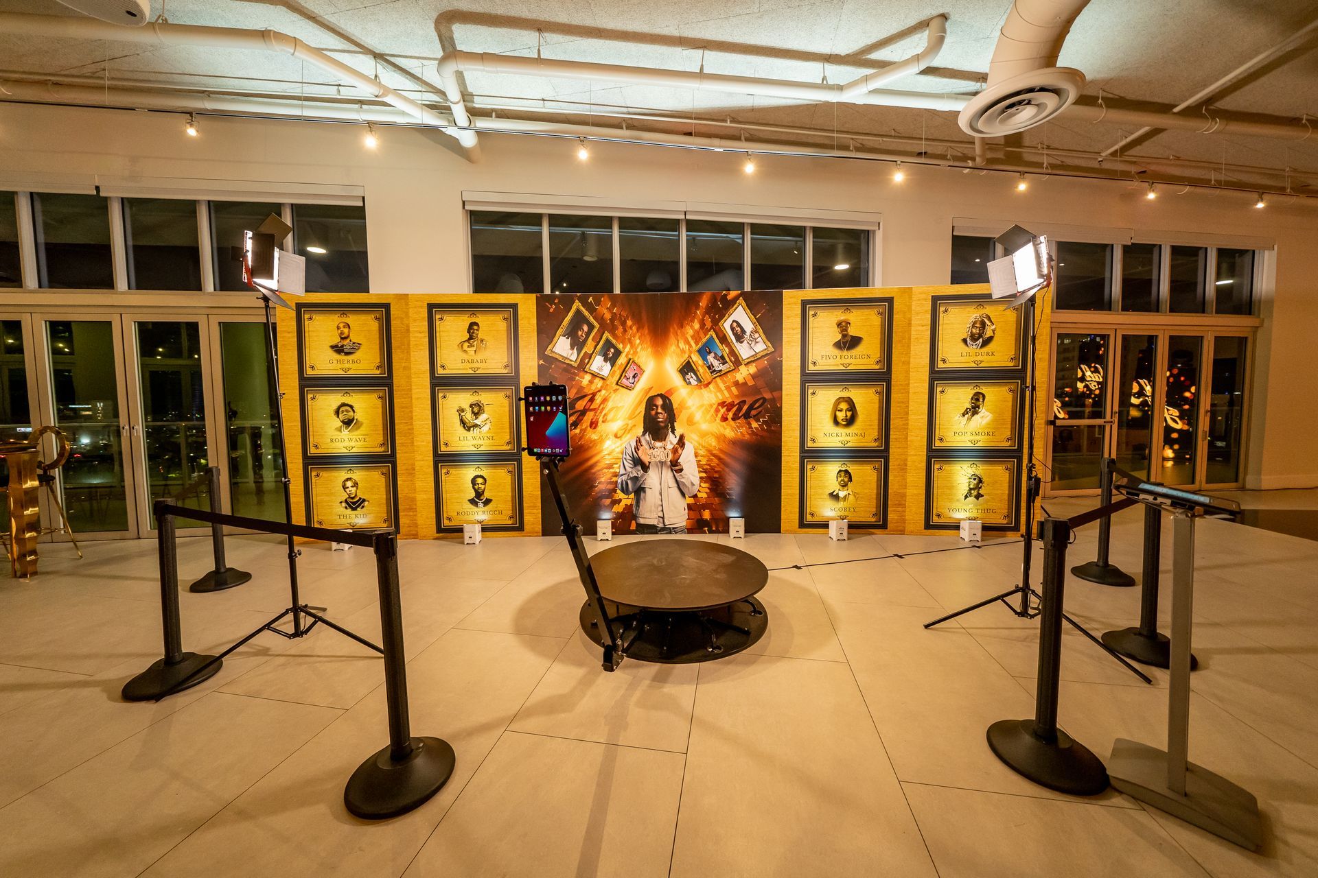 a large room with a picture of a lego character on the wall .