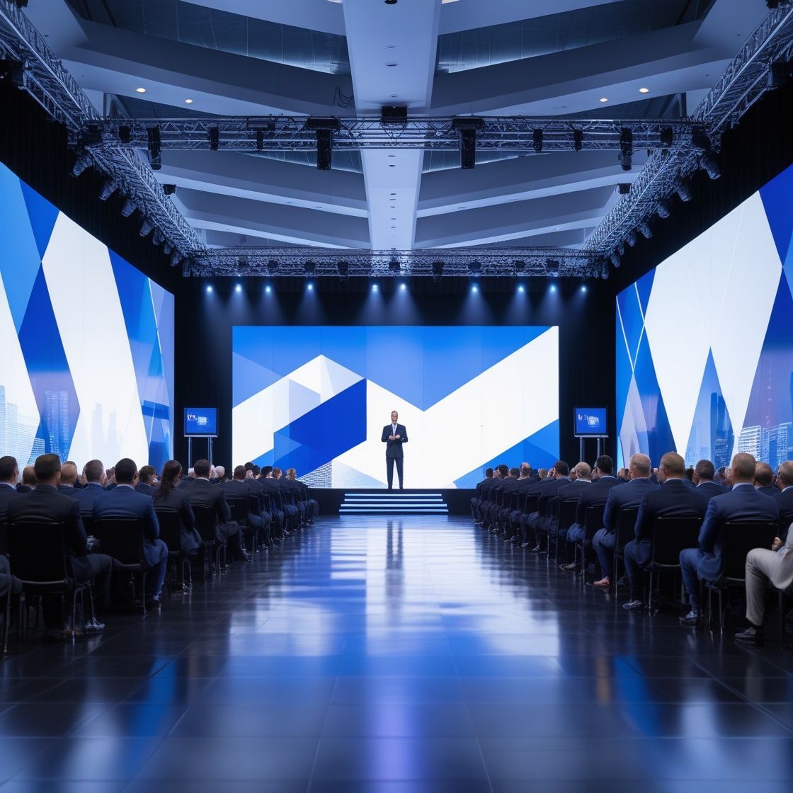 Corporate event stage with professional lighting, LED backdrop, and branded production setup