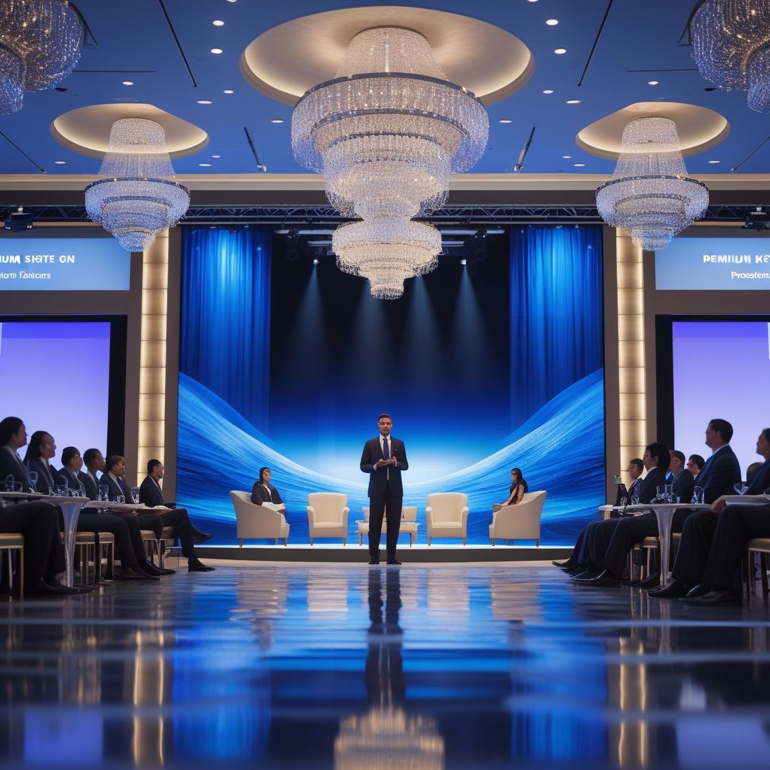 Corporate event stage with professional lighting, LED backdrop, and branded production setup