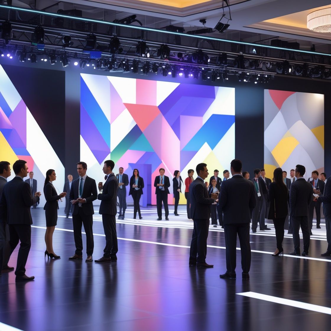 Modern corporate conference featuring immersive branded stage backdrops, custom event graphics, networking attendees, professional lighting, and experiential conference branding.
