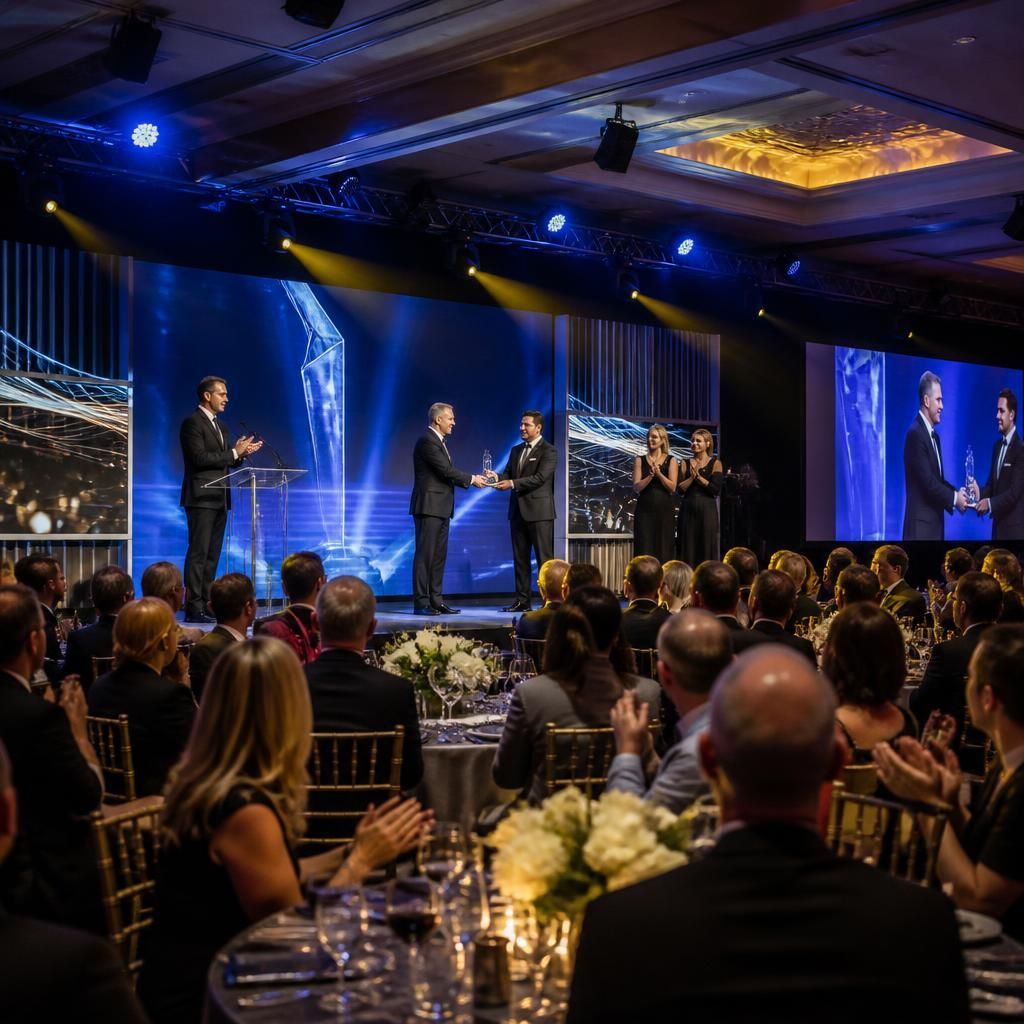 Corporate awards ceremony with employees and clients celebrating achievement winners on stage