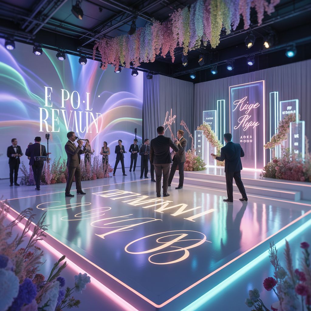 Modern luxury wedding reception with interactive live musicians, LED dance floor wrap.