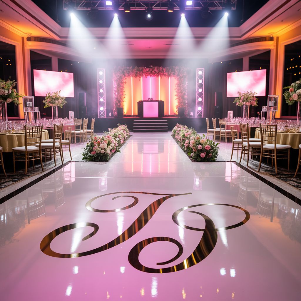 Luxury Sweet 16 or Quinceañera ballroom setup in Miami with custom monogram dance floor wrap