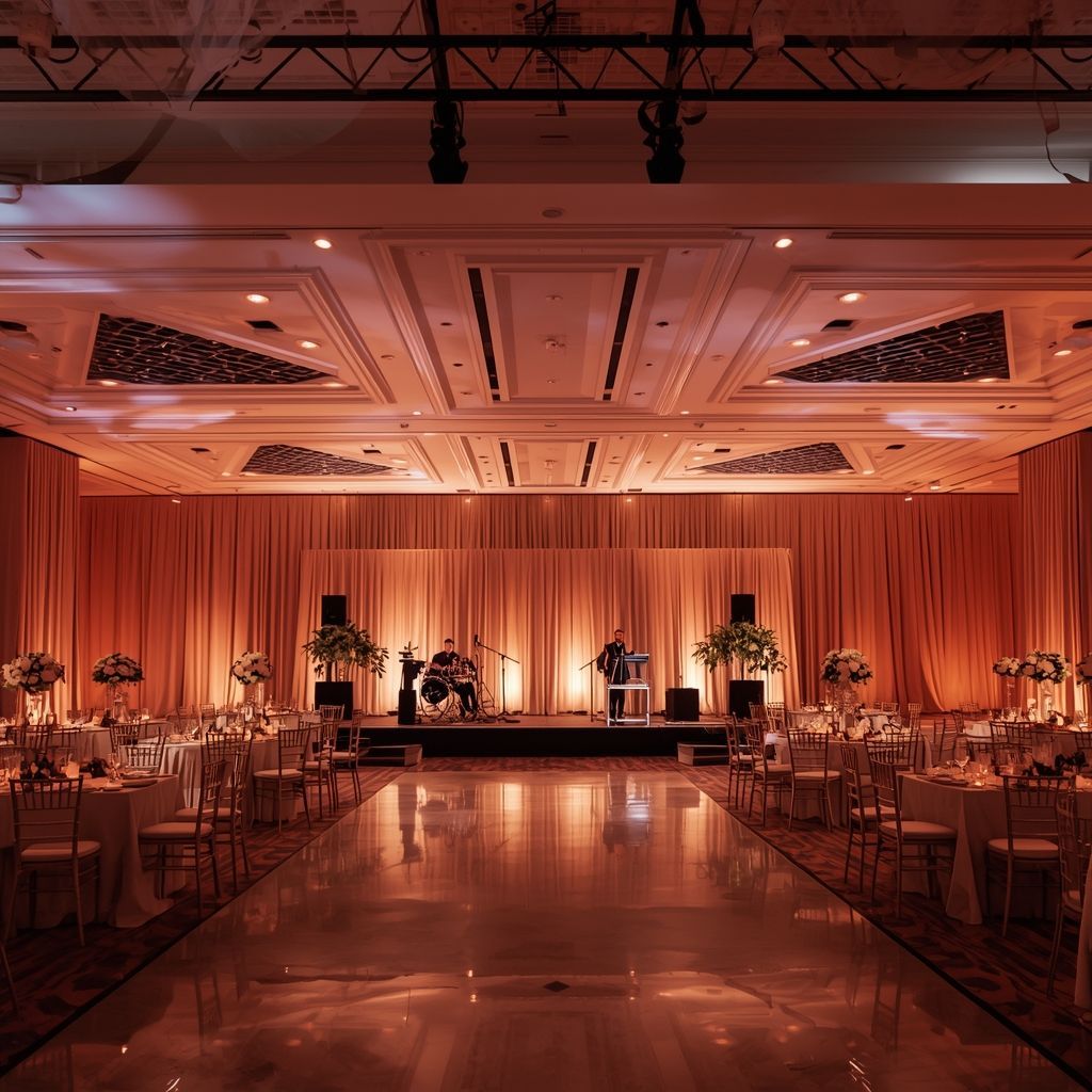 Elegant wedding reception venue with warm uplighting and floral centerpiece.