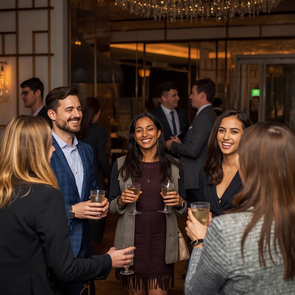 Employees networking and celebrating at a stylish corporate holiday party with drinks 