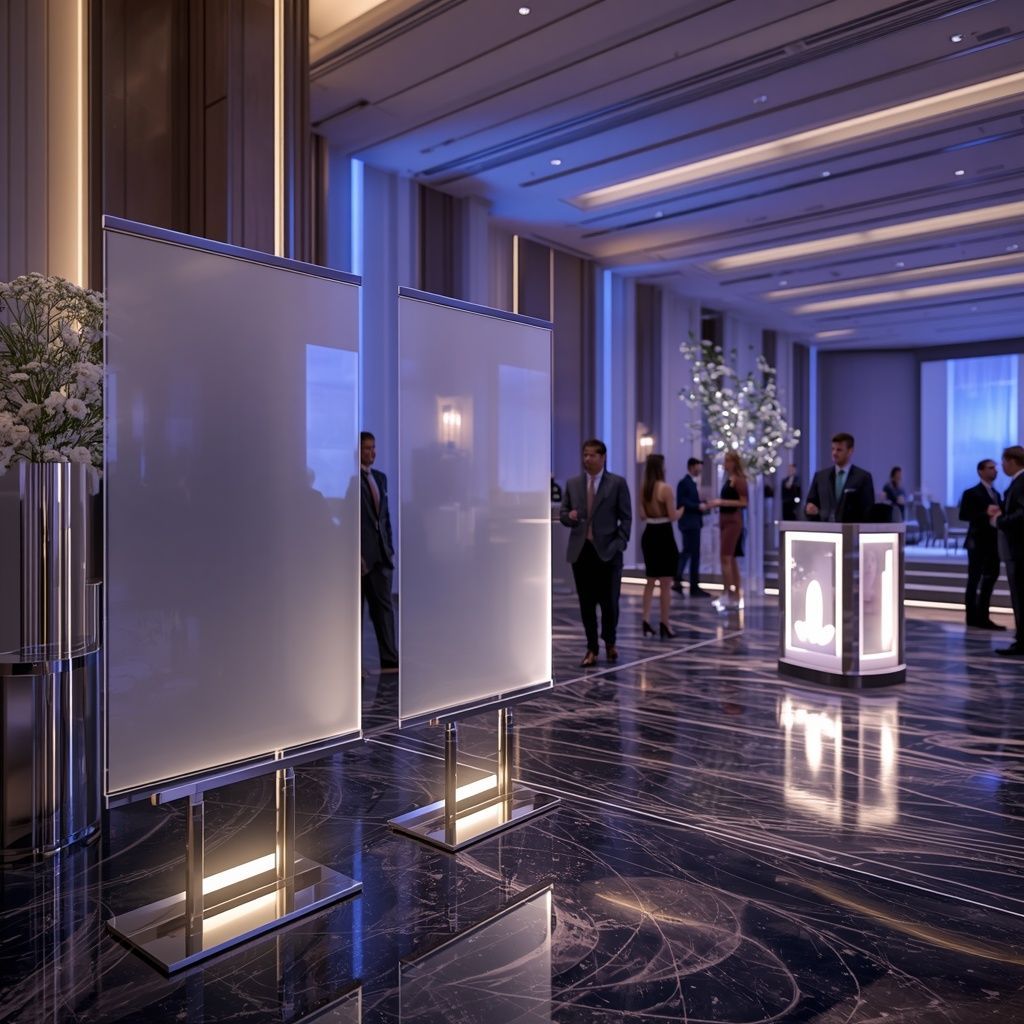 Elegant acrylic signs and seating charts displayed at a luxury corporate event venue.