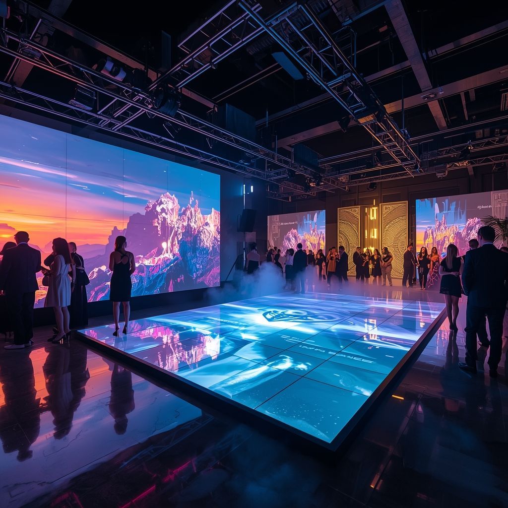 Futuristic private party in Miami with LED video walls, immersive digital visus