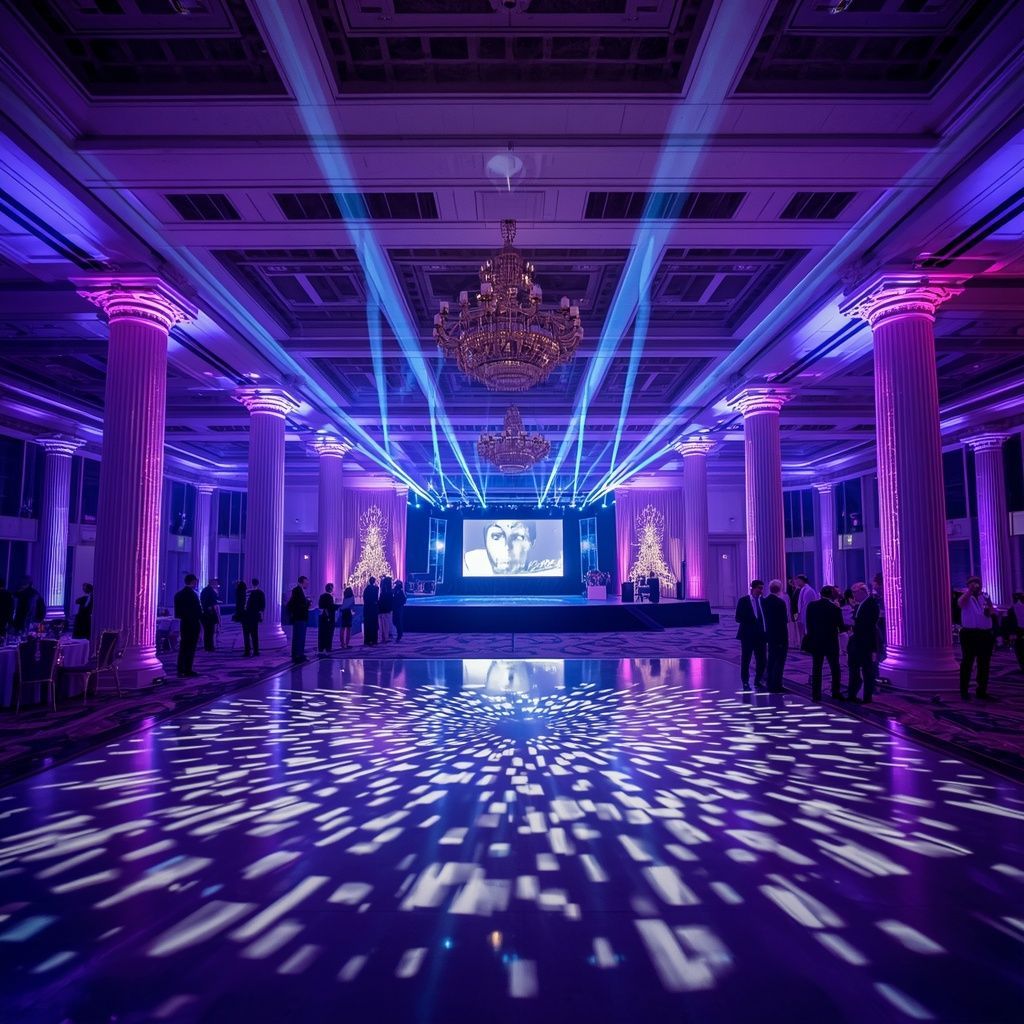 Elegant Miami ballroom transformed with professional event lighting production, gobo projections