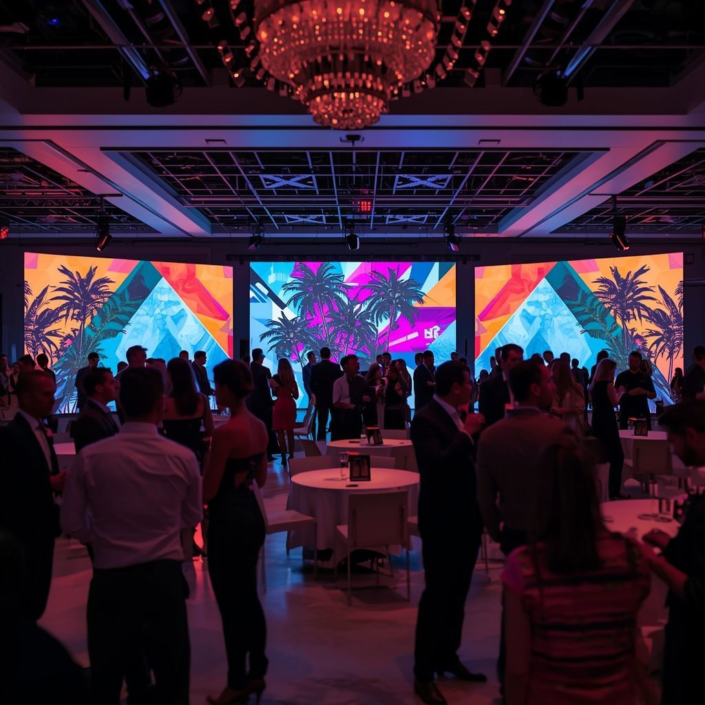 Luxury corporate networking event in Miami with immersive branded LED screens, professional lighting
