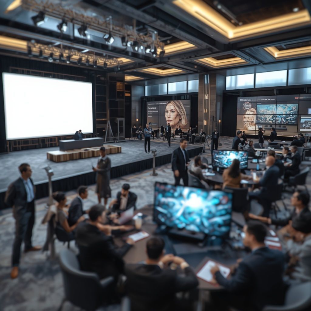 Corporate conference featuring multi-zone event design with networking lounges