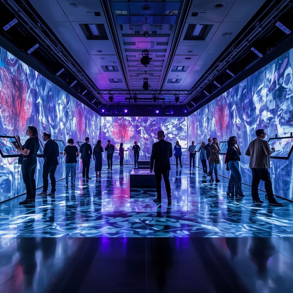 A modern interactive event space with immersive digital projections, touchscreens.
