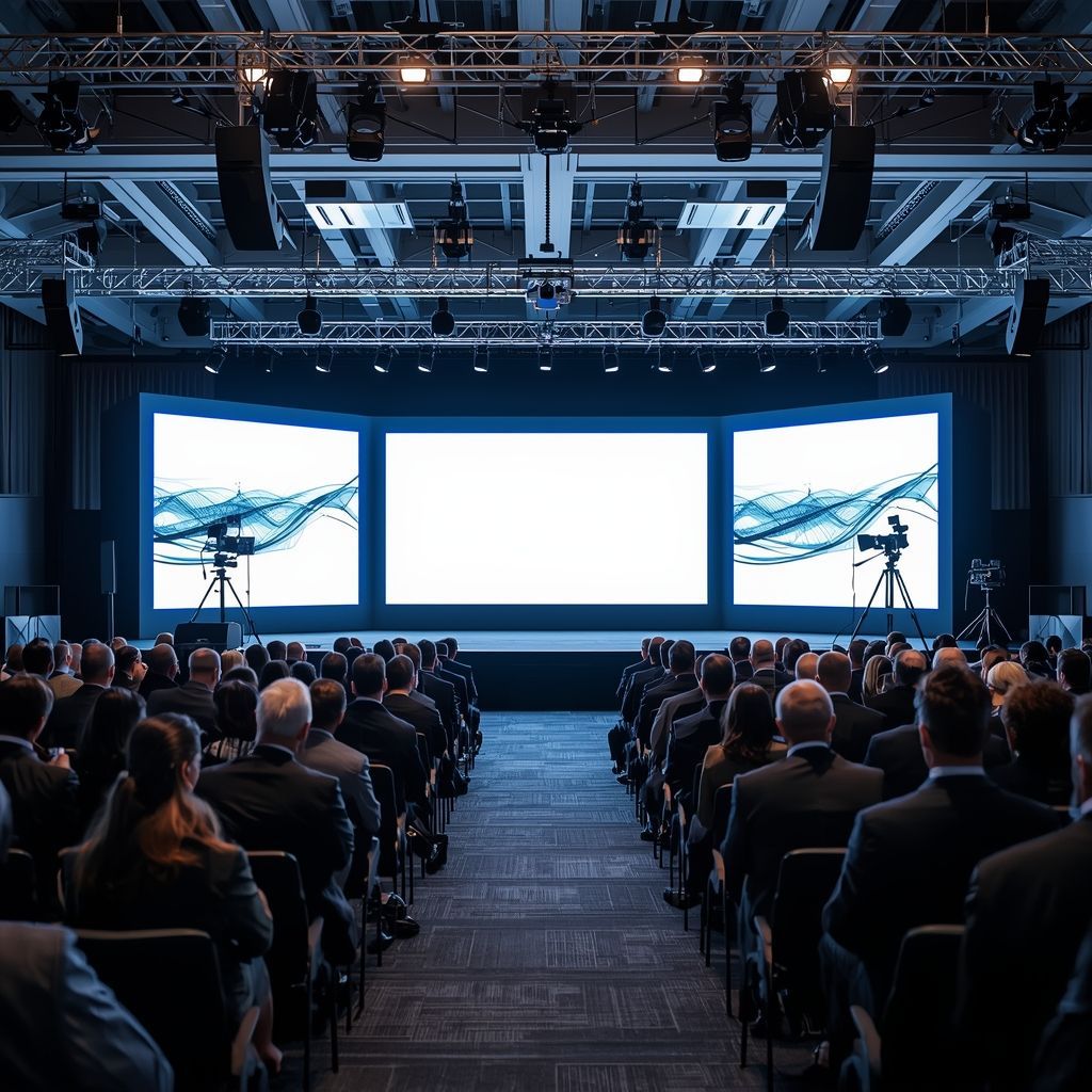 Hybrid corporate conference with large LED presentation screens, professional AV production, cameras