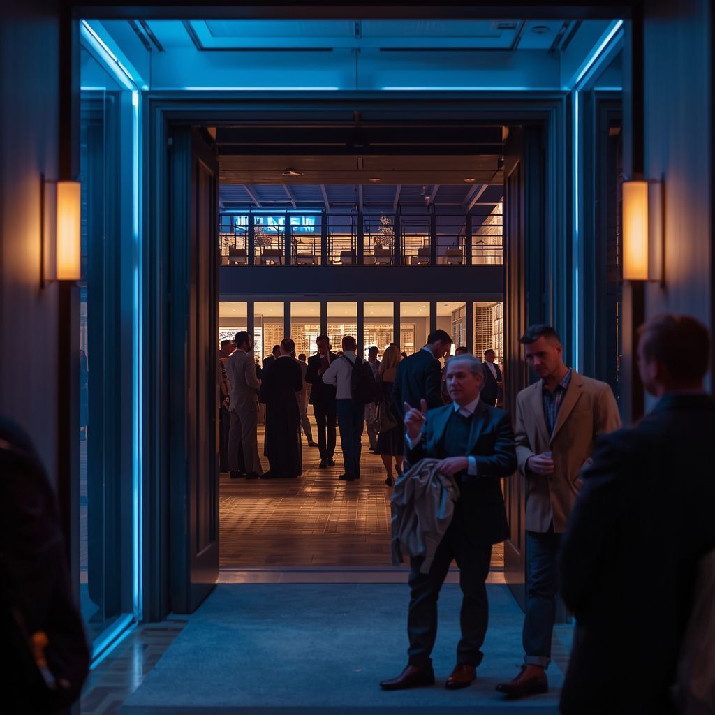 Guests entering a modern upscale event venue designed with lighting and spatial psychology 