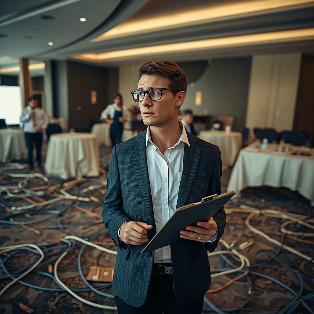 Stressed event planner reviewing checklist at a corporate event venue highlighting common event plan