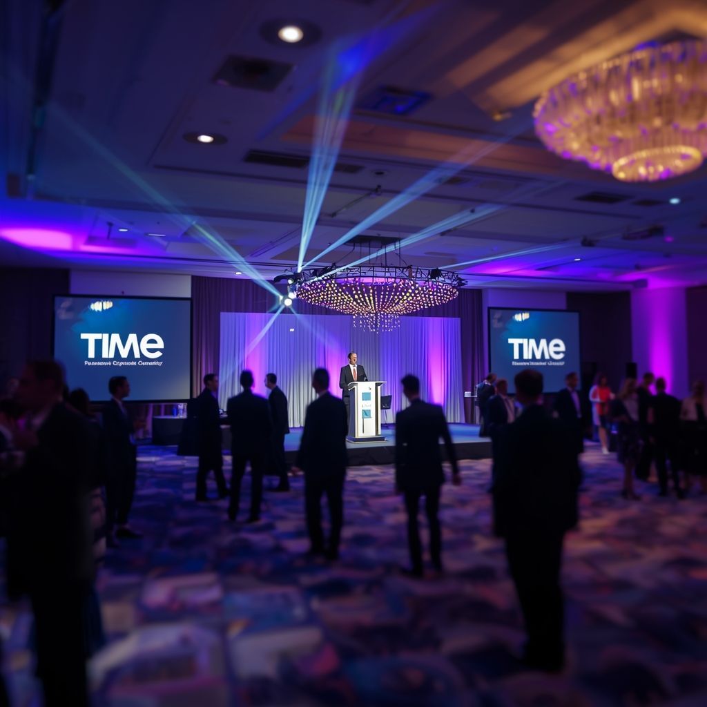 Luxury corporate event in Miami with professional stage lighting and branded screens