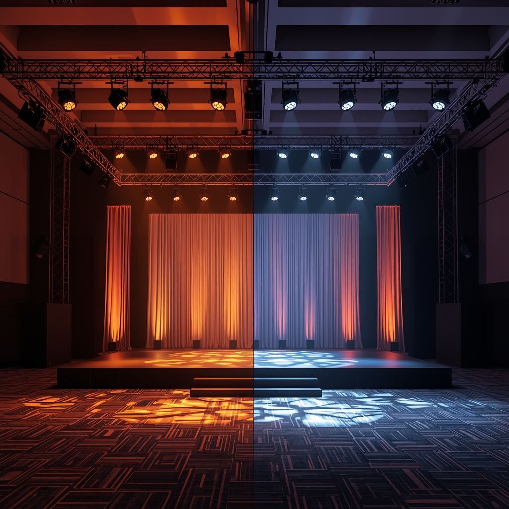 Large-scale conference stage with professional lighting production and branded backdrop