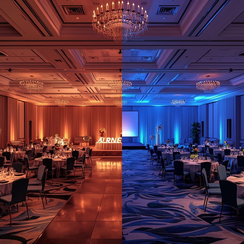 Split-view event venue showing warm romantic wedding lighting on two sides
