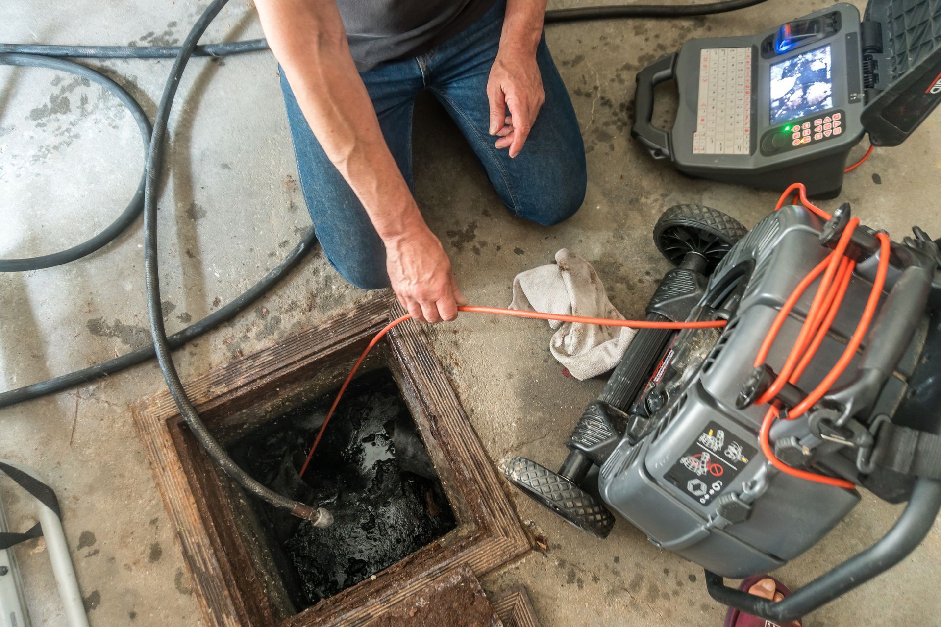 Inspecting home sewer pipe damage using a remote camera for accurate assessment.