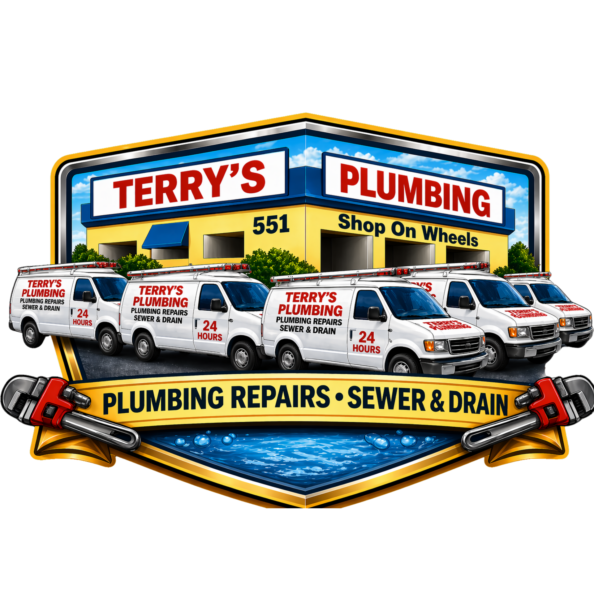 Terry’s Plumbing logo with service vans and tools, reading “Shop On Wheels” and “Plumbing Repairs • Sewer & Drain”