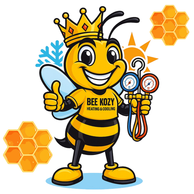 Cartoon bee wearing a crown, smiling beside honeycomb pieces and translucent wings