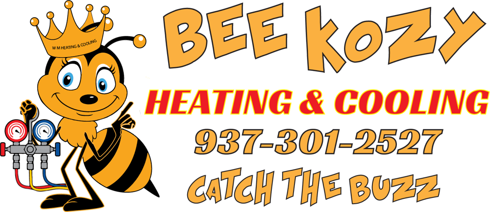 Bee Kozy Heating & Cooling logo with cartoon bee, orange text, phone number, and &ldquo;Catch the Buzz&rdquo; tagline