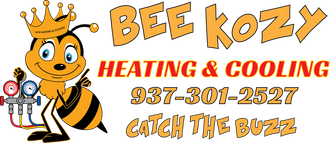 Bee Kozy Heating & Cooling logo with cartoon bee, orange text, phone number, and “Catch the Buzz” tagline