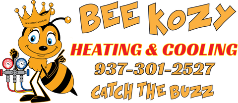 Bee Kozy Heating & Cooling logo with cartoon bee, orange text, phone number, and “Catch the Buzz” tagline