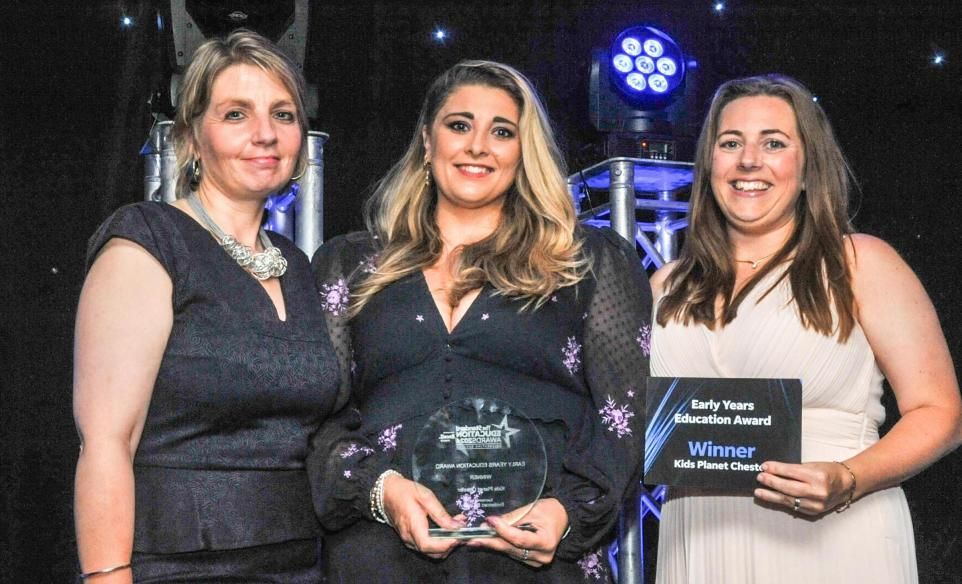 Pictured: Early Years Education Award presented to Jess Holland and Jenny Mellors of Kids Planet Chester, presented by Emma Neal of Evidenced Education. (Image: Simon Warburton)