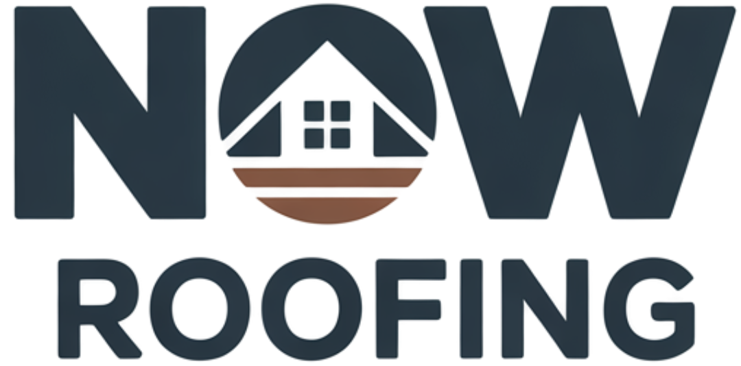 Logo for NOW Roofing with a house icon in the 
