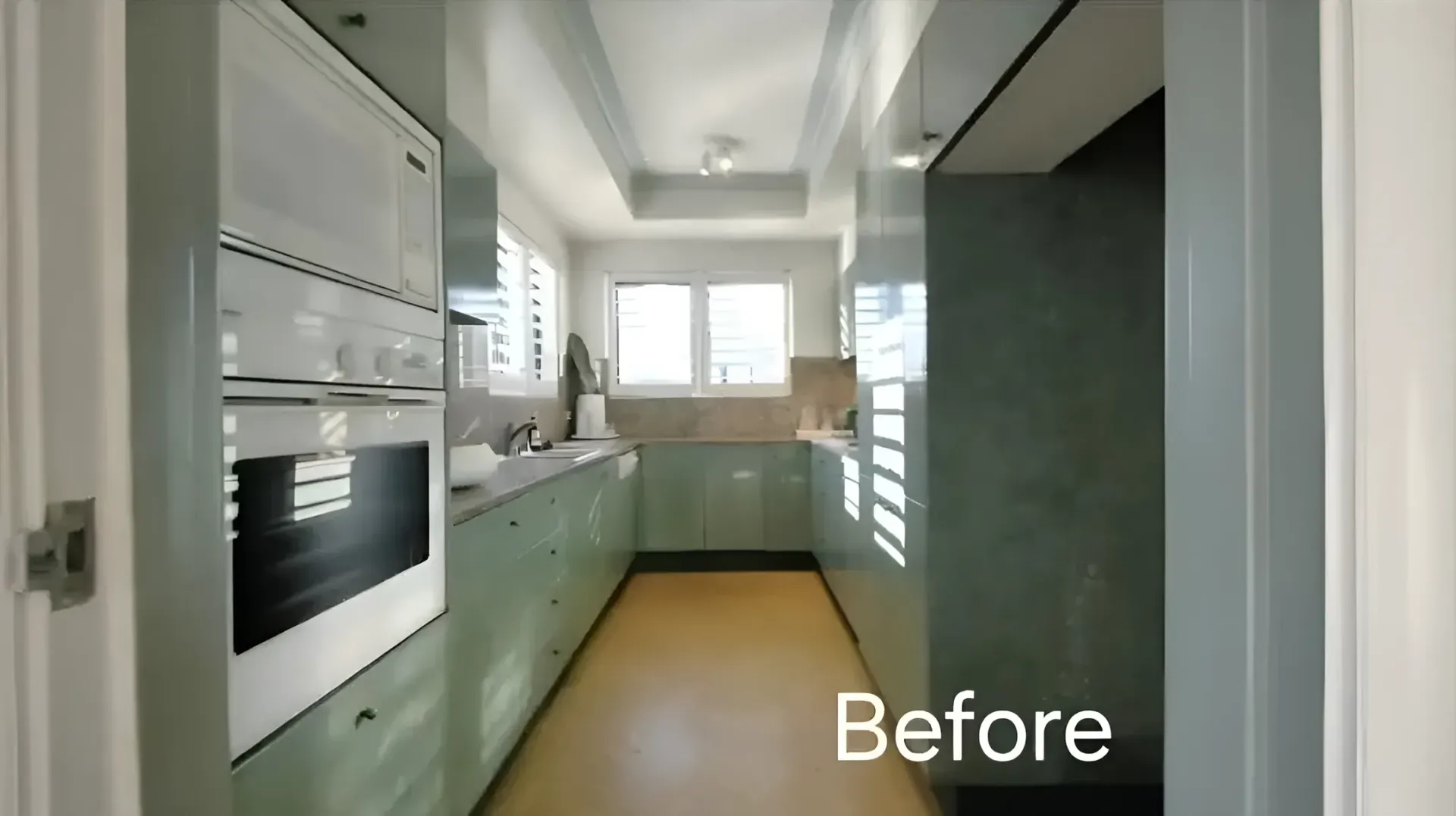 Narrow kitchen with light green cabinets and appliances — Above & Beyond Interiors in Smeaton Grange, NSW