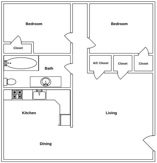 Floor Plan: 2 Bed · 1 Bath · 851 SQ. FT