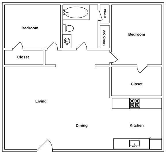 Floor Plan: 2 Bed · 1 Bath · 851 SQ. FT
