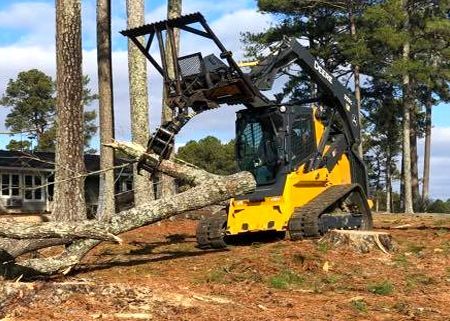 A bulldozer is cutting down a tree in a forest.