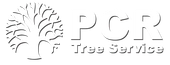 A black and white logo for pcr tree service with a tree in the middle.