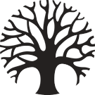 A black and white silhouette of a tree without leaves on a white background.