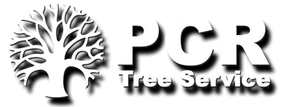 A black and white logo for pcr tree service with a tree in the middle.