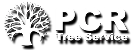 A black and white logo for pcr tree service with a tree in the middle.